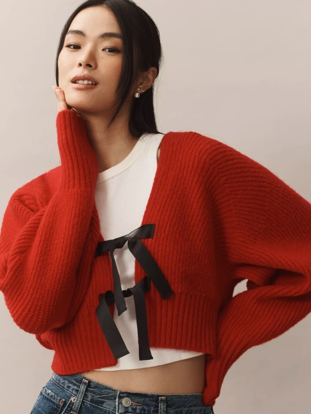 Anthropologie Red Rhea Bow-Front Merino Wool Blend Cardigan Small